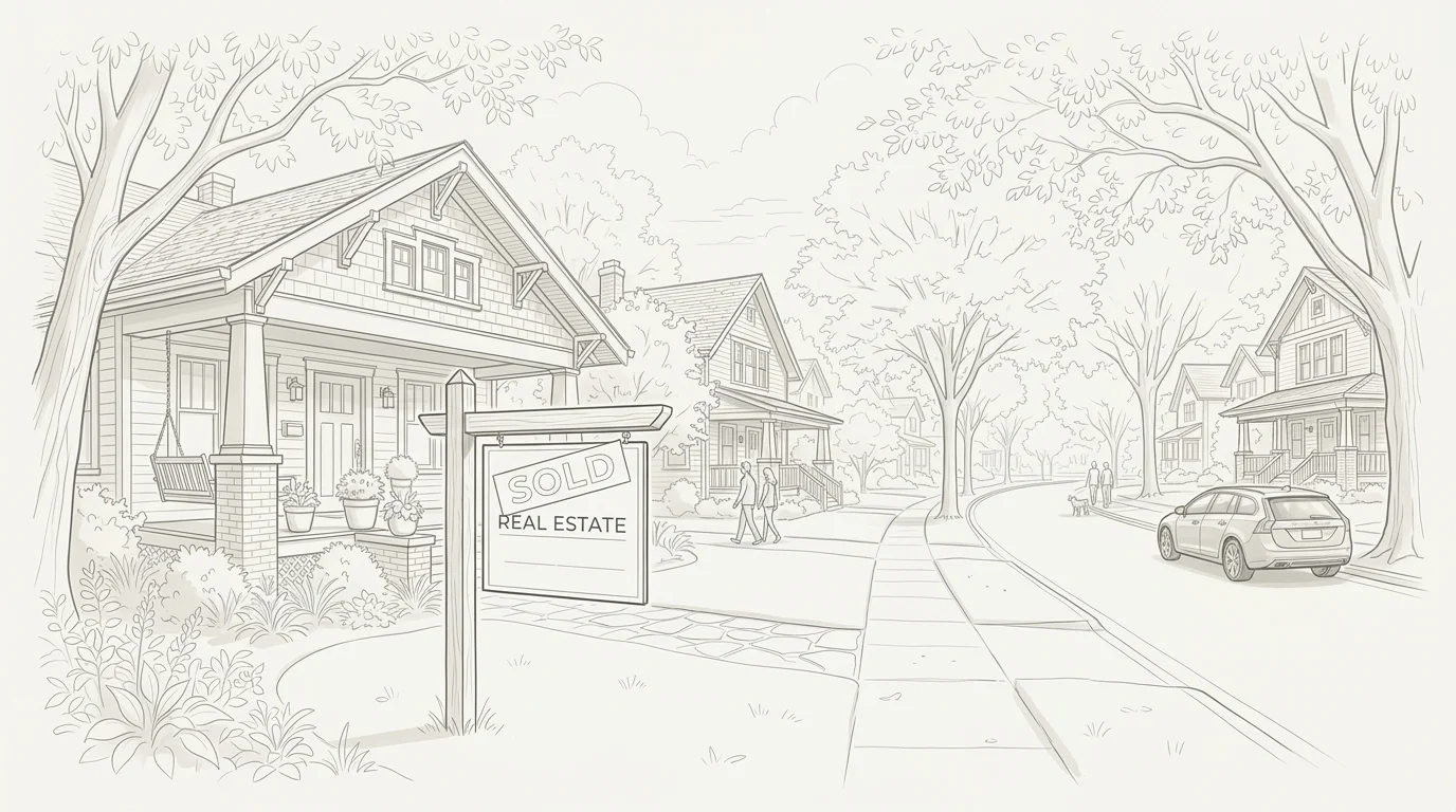 Pencil sketch of neighborhood home with Sold sign